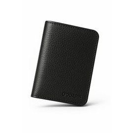 OODARN Slim RFID Blocking Leather ID Wallet, Black Bifold Card Holder, 6 Card Slots, Minimalist Design, Genuine Pebbled Leather (Black Milled)