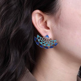 Inilbran Boho Fan Shaped Earrings Tribal Totem Studs Earrings Vintage Enamel Fan Earrings Gypsy Geometric Fan Statement Earrings Jewelry for Women and Girls