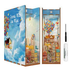 Tonecheer DIY Book Nook Kit for Adults,3D Wooden Puzzle Bookend Bookshelf Insert Library Decor, Booknook Miniature House Kit with Body Motion Sensor LED Light (Travel with The Wind)