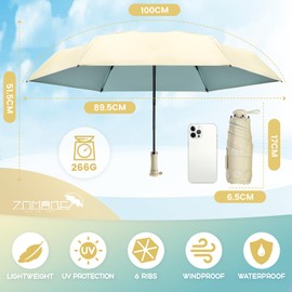 ZOMAKE Folding Parasol, Ultra Lightweight, Compact, Extendable Handle Design, UPF 50+ UV Protection, Light Blocking, Heat Blocking, UV Protection, Rain and Sun, Includes Storage Case, Black