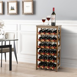 VASMIA Wine Rack Freestanding Floor, 6-Tier Display Wine Storage Shelves with Table Top, 24-Botttle Bamboo Wine Rack Shelf for Kitchen Bar Dining Room Living Room, Walnut