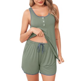 Vlazom Women's Pyjamas Set Soft Sweetness Cami Tank Pj's Sets Shorts Summer Sleepwear Loungwear Set with Pockets,Dusky Green, XXL
