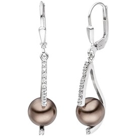Jobo Women's Earrings 925 Sterling Silver 2 Brown Pearls 18 Zirconia Earrings Pearl Earrings, Silver, Cubic Zirconia