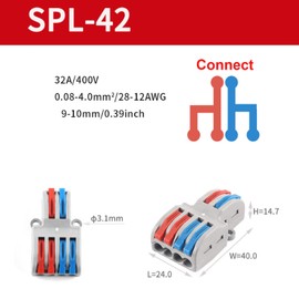2 in 4 Out Connection Clamp with Lever, Connection Clamp Quick Connector Compact Plug-In Terminals Terminal Block Cable Connector Clamps Electric, SPL-42 (3)