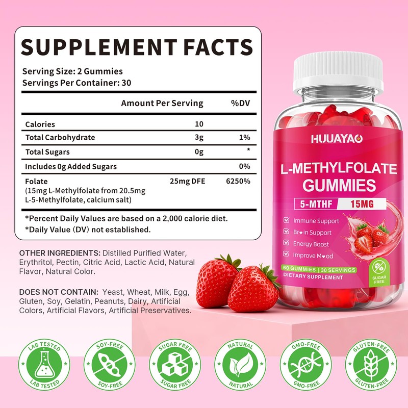 HUUAYAO L-Methylfolate 15 mg Gummies, Methylfolate Supplement, Folate 5-MTHF Supplement