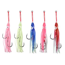 Squid Skirt Bait Hooks, 5 Pieces Octopus Jigs Swimbait Set with Barbed Hooks and Luminous Squid Skirt Bait for Sea Fishing in Saltwater