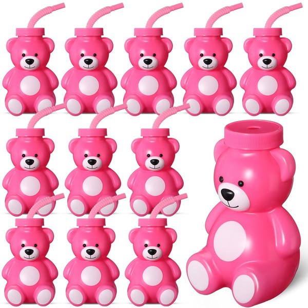 Maxdot 12 Pieces Bear Cups with Straws and Lids, 10 oz Plastic Bear Shape Cup Reusable Creative Cups Bulk for Baby Shower Kids Birthday Wedding Party Favors (Pink)