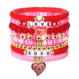 NVENF Valentine's Day Bracelets for Women Red Pink Heishi Clay Beaded Bracelets Stackable Heart Charm Bracelets Valentine's Day Accessories Jewelry Gifts (Valentine's Day 2)
