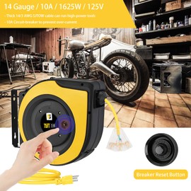 EP Retractable Extension Cord Reel,75 Feet 14 AWG/3C SJTOW Heavy Duty Power Cord,10 AMP Circuit Breaker, 3-Lighted Triple Outlets,Ceiling or Wall Mount Use Indoor/Outdoor, Yellow