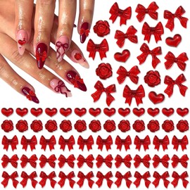 BELICEY 150Pcs 3D Bow Nail Charms Red Acrylic Bow Heart Flower Charms for Nails Cute Kawaii Nail Charm for Valentine's Day Women Manicure DIY Crafts Jewelry Accessories