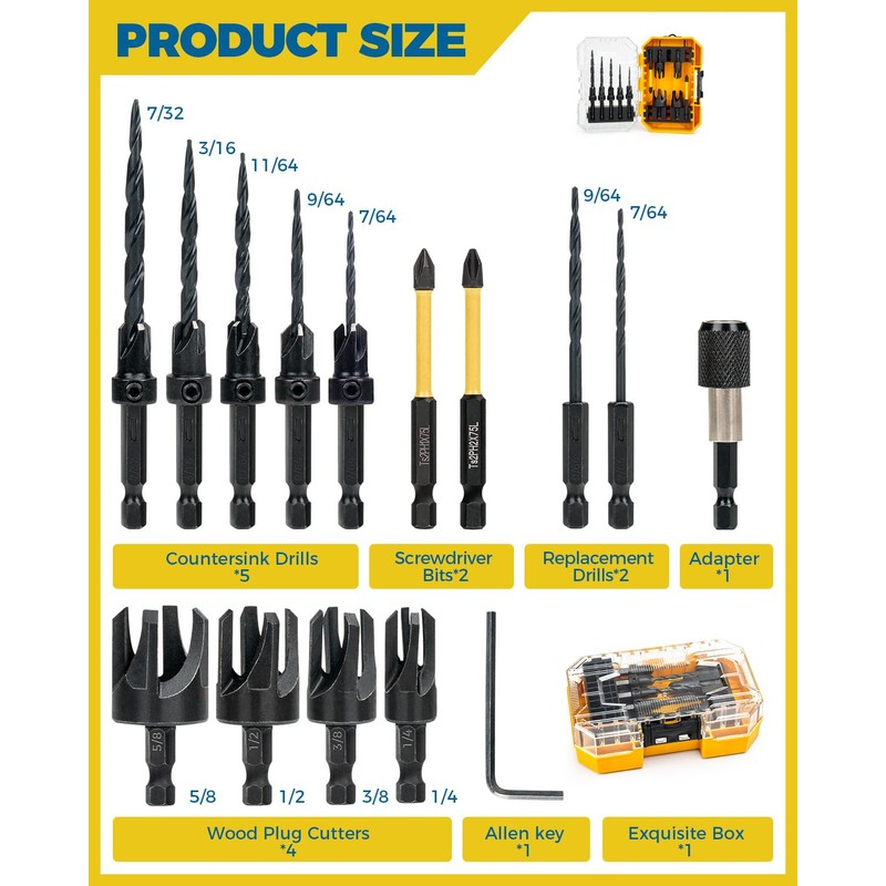 16PCS Countersink Drill Bit Set, Adjustable Depth Tapered Drill Bits