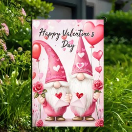 BlissYard Happy Valentine's Day Garden Flag Pink Gnome Valentines Day Garden Flags Decorative 12x18 Inch Vertical Double Sided Yard Flag for Outdoor Lawn House Home Decor Decoration