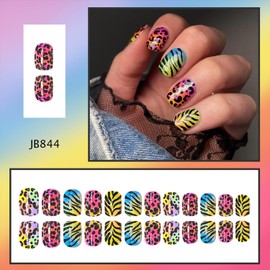 QEYRIYI Colorful Leopard Print Press on Nails Short Square Fake Nail with Designs Leopard False Nails Acrylic Glue on Nail Glossy Full Cover Artificial Stick on Nail for Women 24 Pcs