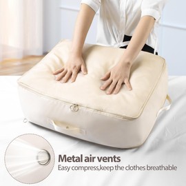 JXWENBYX Ultra Space Saving Self Compression Organizer, 4 Pack Comforter Storage Bag with Zipper Foldable Compression Bags for Storage (Beige, L (54 * 42 * 30CM))