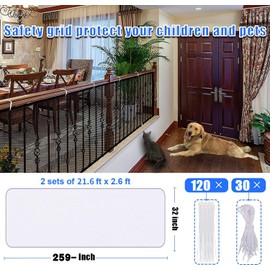 JIFTOK Baby Gate for Stairs, Banister Guard for Kids, Pets, Toys, 2 Sets 21.6 ft L x 2.6 ft H Mesh Netting Safety Net for Balcony Rail Stair, Stairway Net Safety Products for Indoor & Outdoor (White)