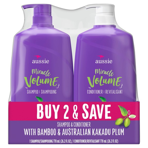Aussie Miracle Volume With Bamboo & Kakadu Plum, Paraben Free Shampoo & Conditioner, 26.2 Fl Oz (Pack Of 2)