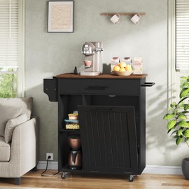 HOOBRO Kitchen Island with Trash Can Storage, Rolling Kitchen Island on Wheels, Mobile Island Cart with Power Outlet, Islands Table for 10 Gallon Garbage Bin, Rustic Brown and Black BF80UZD01G1