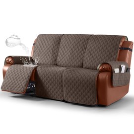 Ruaozz Waterproof Recliner Sofa Covers, 1-Piece Couch Covers for Reclining Couches Reclining Couch Cover Washable Furniture Protector with Elastic Straps Pocket for Kids Pets (Brown, 3 Seater)