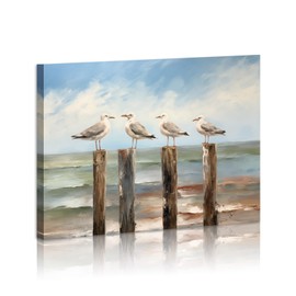 Seagulls on Posts Wall Art Oil Painting Coastal Bird Pictures Nautical Theme Framed Modern Decor for Living Room Bedroom Home Decorations Framed Ready To Hang 12x16 inches