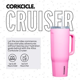 Corkcicle Cruiser Insulated Tumbler with Handle and Straw, Sun-Soaked Pink, 40 oz – Reusable Water Bottle Keeps Beverages Cold for 20Hrs, Hot for 9Hrs