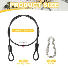 PATIKIL Security Cable 2 ft x 1/8" (3mm), 2Pcs Braided Stainless Steel Coated Safety Wire Rope with Double Loop for Travel Luggage Bicycle Lock Cable, Black