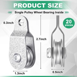 Yaocom 20 Pcs Small Single Pulley Block Wheel Bearing Inside Cable Rollers Single Snatch Cable Pulley Block Hanging Rope Accessories for 6mm/ 0.23 and 8mm/ 0.31'' Wire Rope, Load 70 Lb(2.7 x 1.3 Inch)