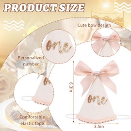 1st Birthday Hats, Glitter Number First Birthday Hat with Pink Bow for Baby Girl, Boho Infant Cone Cap for 1 Year Old Photoshoot & Celebration