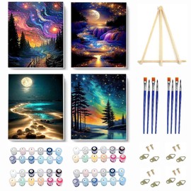 VIGEGU 4 Pack Paint by Numbers Kit for Adults Beginner with Frame,Paint by Number with Wooden Easel DIY Starry Sky Beach Waterfall Landscape Adult Paint by Number Kits for Home Decor 7.8x11.8inch ﻿