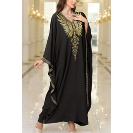 YouKD Embroidered Floral Loose Kaftan Boho Beach Bikini Cover Up Dress Plus Size Nightgown for Women