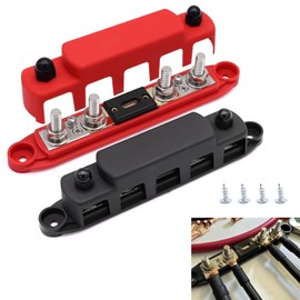 AULESSE 300 Amp Bus Bar 4 x M8 Busbar Power Distribution Block 12V- 48V DC Terminal Block Studs,High Performance Module Junction Block with Fuse fit for Cars RVs Ships Yachts (Red+Black, 2 pcs)
