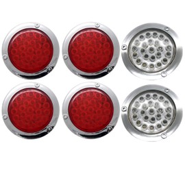 Red/White/Amber 4" Round LED Trailer Tail Light 24 LED Chrome Bezels Stop Turn Tail Brake Signal/Reverse Backup/Marker Lights Trucks Trailer RV Camper Dump Truck Waterproof (Combo, 4 Red + 2 White)