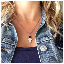 Yheakne Boho Cross Pendant Necklace Black Lava Pearl Choker Necklace Silver Chain Necklace Minimalist Everyday Necklace Jewellery for Women and Girls