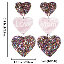 UAREBST Love Mom Heart Dangle Earrings for Women, Mother's Day Gifts Birthday Earrings, Triple Acrylic Love Drop Earring Glitter Dangle Earrings for Holiday Anniversary