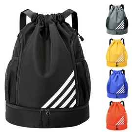 Tokeya Gym Bag Drawstring Men Women Sports Bag Waterproof Backpack with Shoe Compartment Football Bag for Travel Swimming Fitness Basketball, Black, Backpack