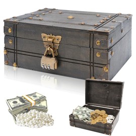 Forbabe Wooden Treasure Chest, Vintage Treasure Chest Large Treasure Chest with Combination Lock, Wooden Treasure Chest with Lid, Treasure Chest Children's Birthday for Storage and Decorating, Gifts