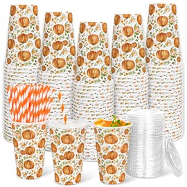 FYSUIMU 50 Set Fall Paper Cups with Lids and Straws 16Oz Disposable Watercolor Pumpkin Floral Iced Coffee Tea Cups for Autumn Thanksgiving Party Drink Beverage Supplies