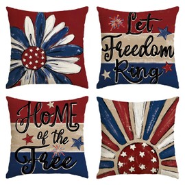 AVOIN colorlife Let Freedom Ring Stars Fireworks Flower Red Throw Pillow Covers, 16 x 16 Inch 4th of July Patriotic Independence Memorial Day USA Flag Cushion Case for Sofa Couch Set of 4