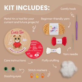 Cookie Box Crochet Kit for Beginners - Learn to Crochet Amigurumi Stuffed Animals - Gift - for Kids (13+) and Adults - Beginner-Friendly Yarn - Stitch-by-Stitch Video Tutorial - Bear Charlie