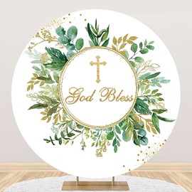 DASHAN God Bless Round Backdrop Cover 7.2ft Green Leaves Baptism Round Backdrop First Holy Communion Circle Backdrop Cover Christening Photo Backdrop Background Photo Prop