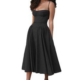 Women's Corset Dress Vintage Spaghetti Strap A-Line Midi Elegant Bustier Cocktail Party Evening Tea Dresses Pocket Black