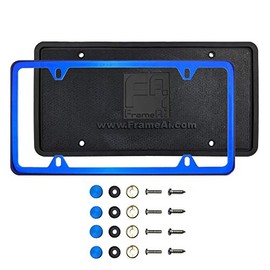 Silicone Back Guard Four Holes Slim License Plate Holder Blue Chrome Mirror License Plate Frame T304 Stainless Steel + Metal Screw Caps