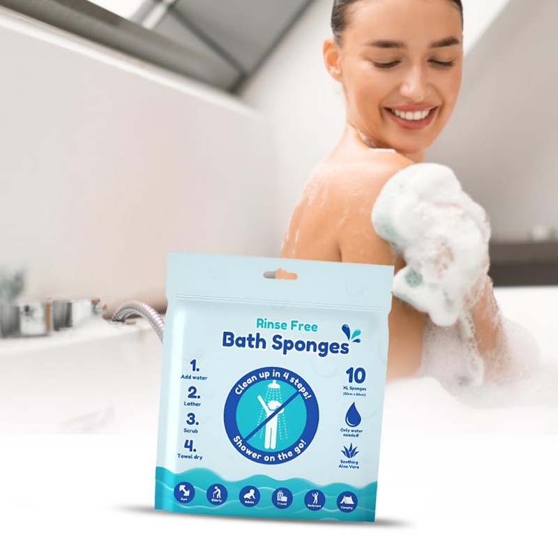 10pk Rinse Free Bath Sponges, 20x20cm Bath Wipes for Travel,