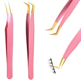 TIESOME Stainless Steel Eyelash Tweezers Set, 2 PCS Curved Tip Precision Eyelash Tweezers Pink Premium Eyelash Extension Tweezers Professional False Lash Application Tools
