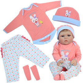 SCOM Reborn Baby Doll Clothes - 20 & 22 & 24 Inch 4 Pcs Doll Outfit Pink, Realistic Baby Bunny Clothing Set, Newborn Dolls Girl Onesies Gift