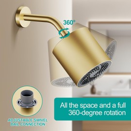 Rainfall Shower Head - 5" Thickened High-Pressure Shower Heads with Anti-Clog Rubber Jets - 360° Rotation Adjustable Shower Head - 1.8 GPM Flow Restrictor Replacement (Brushed Gold)
