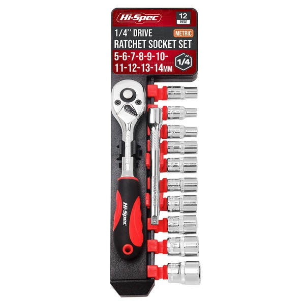 Hi-Spec 12pc 1/4 inch Metric Socket Set with Ratchet Wrench & Extension Bar. Home DIY and Car Garage Mechanic 5 to 14mm Ratchet Socket Tool Set