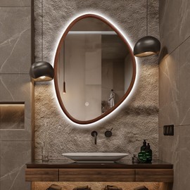 TheiaMo Irregular LED Bathroom Mirror with Lights, 32"x24" Wood Framed LED Vanity Mirror, Anti-Fog Smart Mirror with 3 Colors Dimmable for Living Room Bathroom Entryway, Walnut