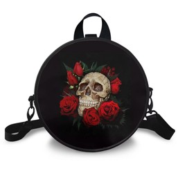 Binienty Skull Rose Round Crossbody Bag PU Leather Circle Round Messenger Purse for Women