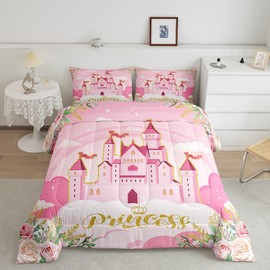 Girls Women Princess Comforter Set Queen,Pink Castle Dreamy Comforter Set Kids Bedroom Decor,Flowers Garden Princess Bed Set,Fairy Tale Theme Duvet Insert Cute Blanket,Gifts for Girls