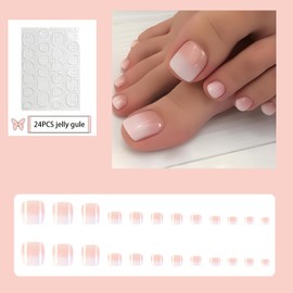 Fake Toe Nails, 24PCS Pink White Gradient Short Square French False Toenails,Removable Reusable Artificial Nails,Full Cover Acrylic Toe Nail Art Tips for Women (Pink White Gradient, One Size)